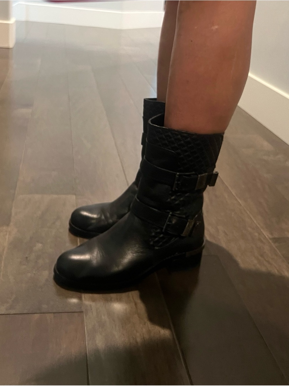 Vince Camuto Black Quilted Mid-Calf Leather Buckle Boots